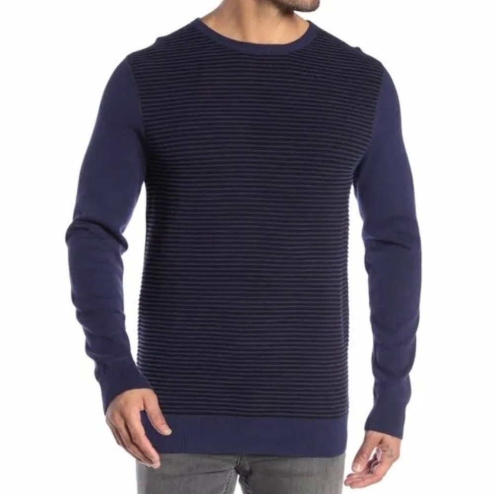 14th & Union Mens Ottoman Stripe Navy Cotton Sweater M NWT Preppy Textured Knit